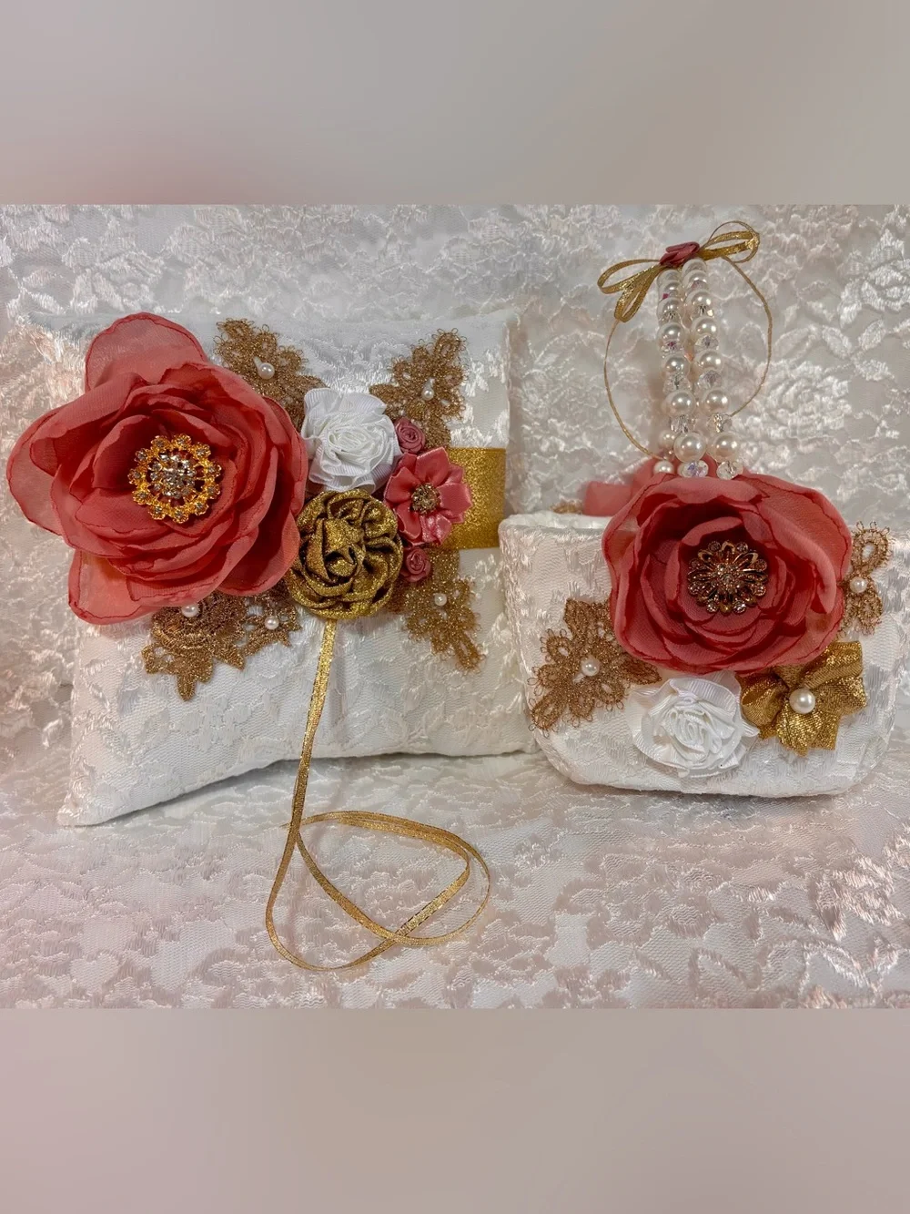 🥂 Gold White and Rose Blush Ring Pillow and Flower Basket Set